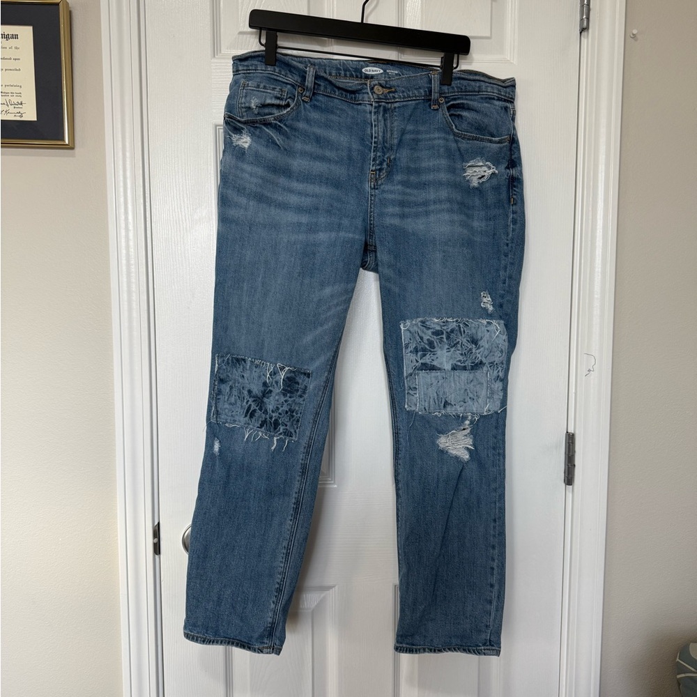 Old Navy Women’s Blue Distressed Patchwork Boyfriend Jeans Size 12